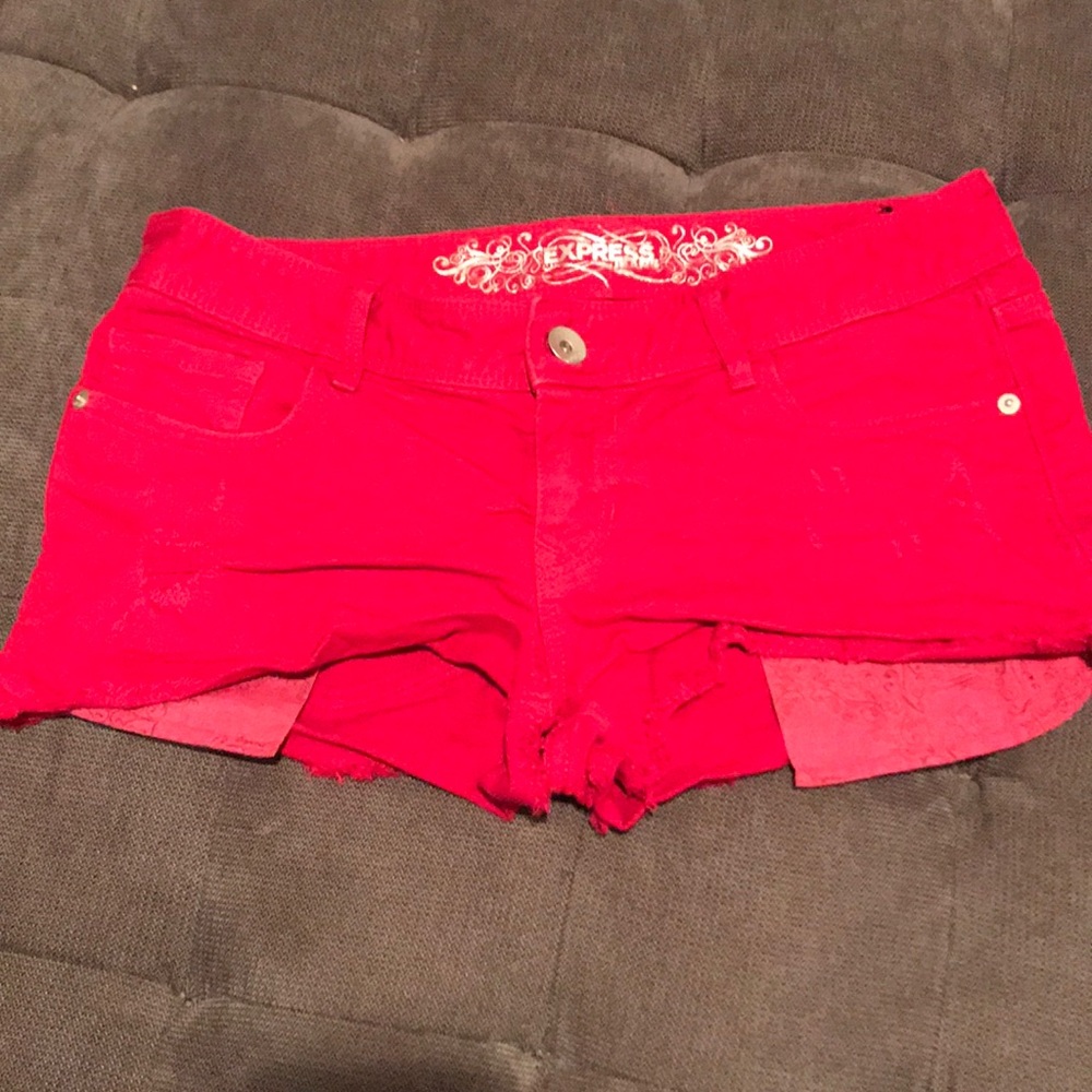 Red, distressed Express shorts